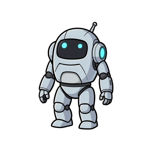 a small to medium-sized futuristic robot character designed for a 2d game sprite. the robot has a simple, slightly rounded design that gives it a subtle innocent and clumsy personality, but not overly cute. its posture is a bit awkward, slightly slouched,