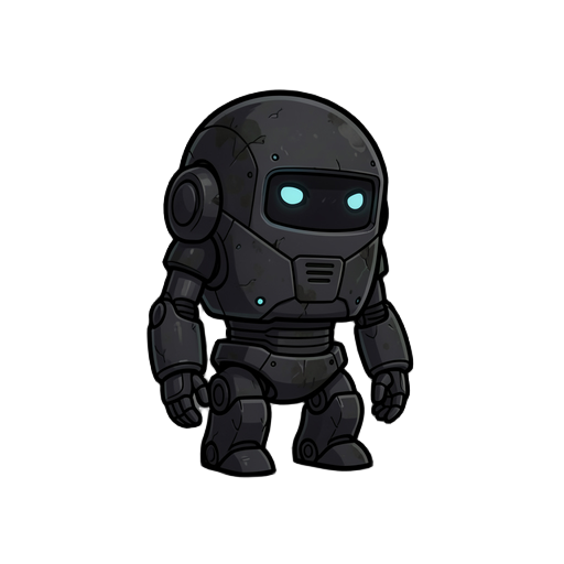 a small to medium-sized futuristic robot character designed for a 2d game sprite. the robot has a compact, slightly rounded body, but its design is now heavily dark and atmospheric. it still carries a subtle naive and slow personality through its posture:
