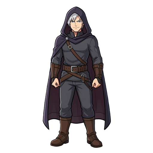 a male with a idle arrogant pose, with dark clothes, white hair and a hooded cape 