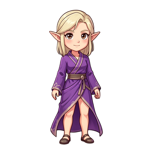 an elf with light hair and silk clothing elements in purple