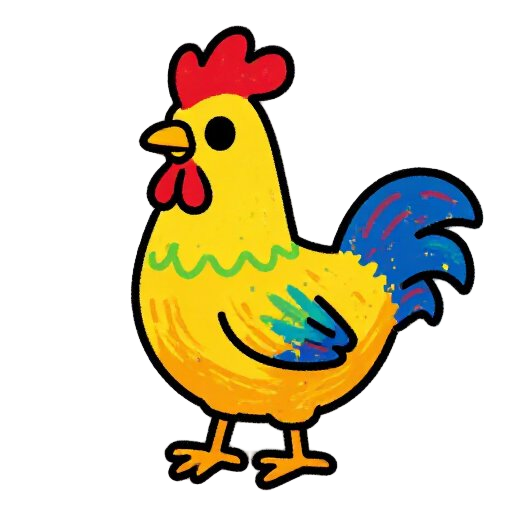 a funny hand-drawn rooster in a childish ms paint style, simple doodle drawing, uneven lines, bright random colors, messy coloring outside the lines, crude shapes, like drawn by a kid, white background, naive art style, low detail, playful and silly expre