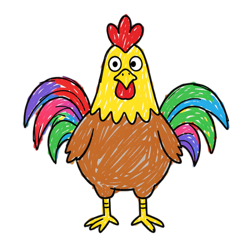 a funny hand-drawn rooster in a childish ms paint style, simple doodle drawing, uneven lines, bright random colors, messy coloring outside the lines, crude shapes, like drawn by a kid, white background, naive art style, low detail, playful and silly expre