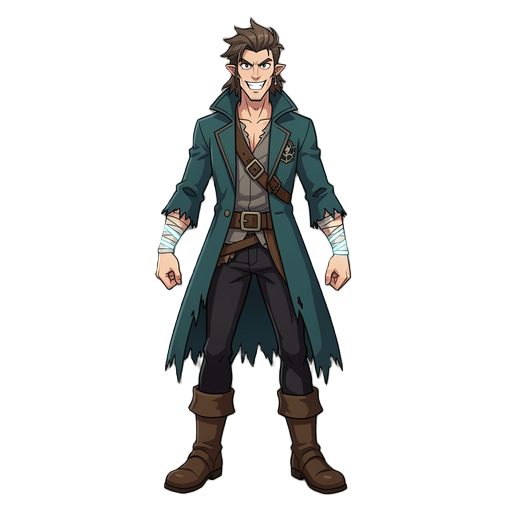 anime-style original pirate captain, energetic and mischievous expression, tall and slightly angular build with long limbs, medium-length hair swept upward with uneven sides, wearing a dark teal long coat with torn edges, black fitted pants, sturdy boots,