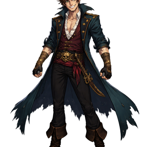 manhwa-style original pirate captain, energetic and mischievous expression, tall and slightly angular build with long limbs, medium-length hair swept upward with uneven sides, wearing a dark teal long coat with torn edges, black fitted pants, sturdy boots
