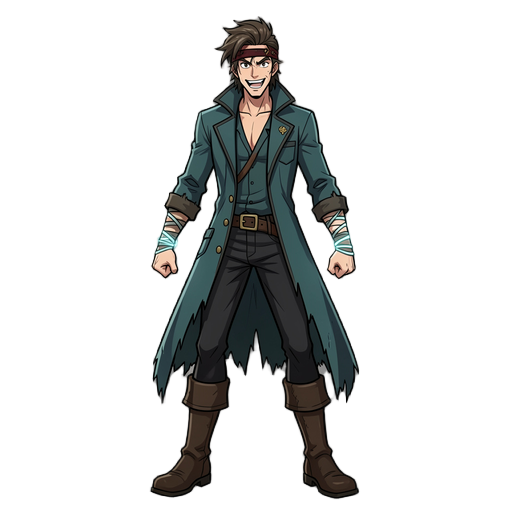 manhwa-style original pirate captain, energetic and mischievous expression, tall and slightly angular build with long limbs, medium-length hair swept upward with uneven sides, wearing a dark teal long coat with torn edges, black fitted pants, sturdy boots