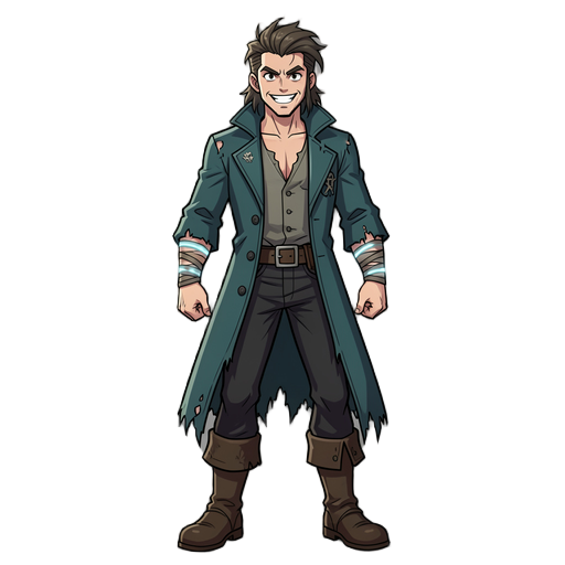 manhwa-style original pirate captain, energetic and mischievous expression, tall and slightly angular build with long limbs, medium-length hair swept upward with uneven sides, wearing a dark teal long coat with torn edges, black fitted pants, sturdy boots