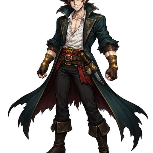 manhwa-style original pirate captain, energetic and mischievous expression, tall and slightly angular build with long limbs, medium-length hair swept upward with uneven sides, wearing a dark teal long coat with torn edges, black fitted pants, sturdy boots