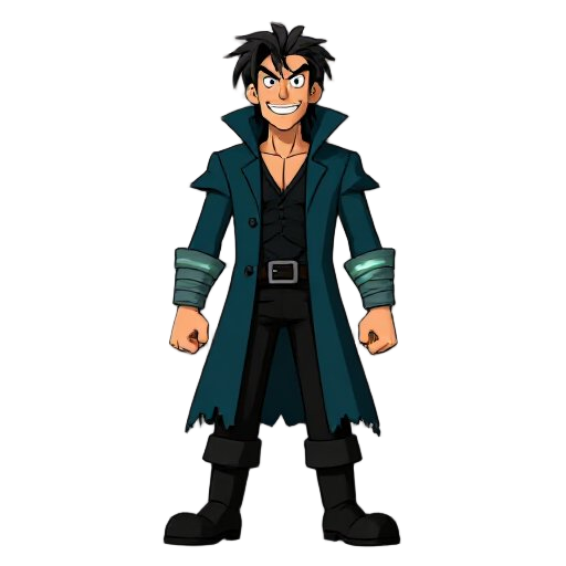 manhwa-style original pirate captain, energetic and mischievous expression, tall and slightly angular build with long limbs, medium-length hair swept upward with uneven sides, wearing a dark teal long coat with torn edges, black fitted pants, sturdy boots