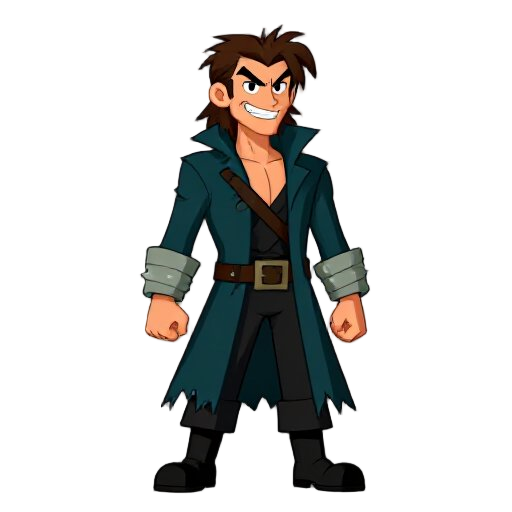 manhwa-style original pirate captain, energetic and mischievous expression, tall and slightly angular build with long limbs, medium-length hair swept upward with uneven sides, wearing a dark teal long coat with torn edges, black fitted pants, sturdy boots