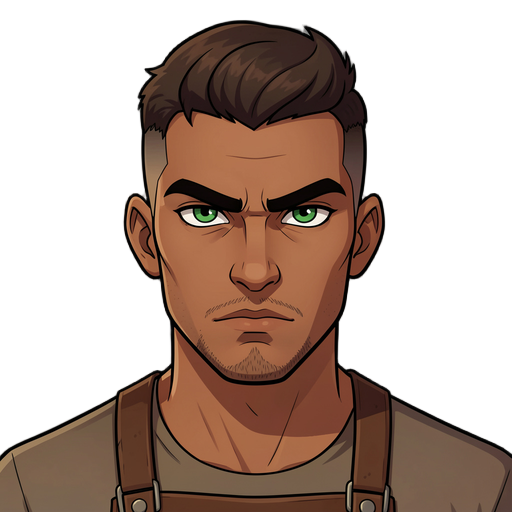 ## 1. kael — o protagonista (referência)  **descrição visual:** jovem ferreiro de 33 anos, pele morena, cabelo castanho escuro curto com corte lateral (undercut), olhos verdes determinados, queixo com leve sombreado (cavanhaque muito curto, quase barbeado