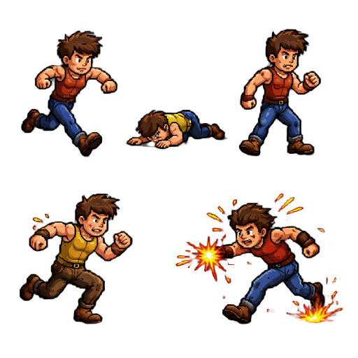 animations: running, resting, walking, dying, taking damage, jumping, 4 attacks