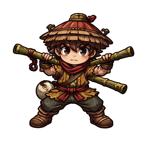 chibi character attacks in place with a bamboo staff, without moving forward, using only body rotation and weight shift.