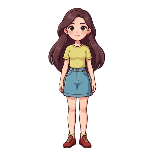 full body stylized cartoon girl, standing pose, clean silhouette, soft shading, smooth lineart, vibrant but slightly desaturated colors, modern cartoon style, expressive eyes, small nose, soft lips, proportional anatomy, slightly exaggerated features, lon
