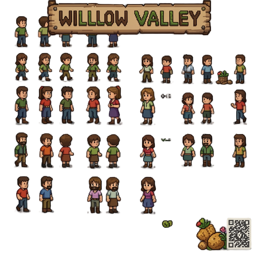 faz ai as pixal arts pro meu jogo de fazenda 2d estilo stardew valley o nome do jogo é willow valley, lembrando que tem que fzr de todos os movimentos, parado, andando, etc, faz versões homem e mulher