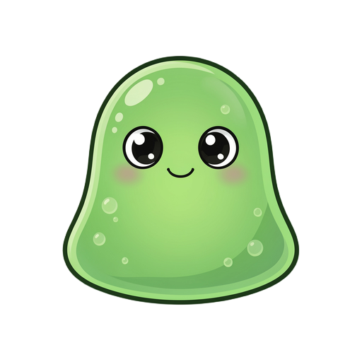 uma criatura slime estilo cartoon, extremamente fofa e amigável, corpo gelatinoso verde translúcido com aparência brilhante e textura lisa. o corpo é arredondado e levemente achatado na base, com pequenas bolhas internas visíveis.  o rosto é simples e exp