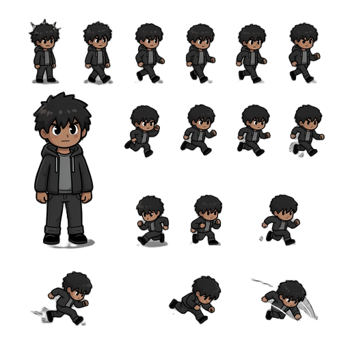 - idle (4 frames) - walking (6 frames) - running (6 frames) - jump (4 frames: start, mid-air, fall, land) - crouch (2 frames) - roll/dodge (4 frames, fast movement close to ground)