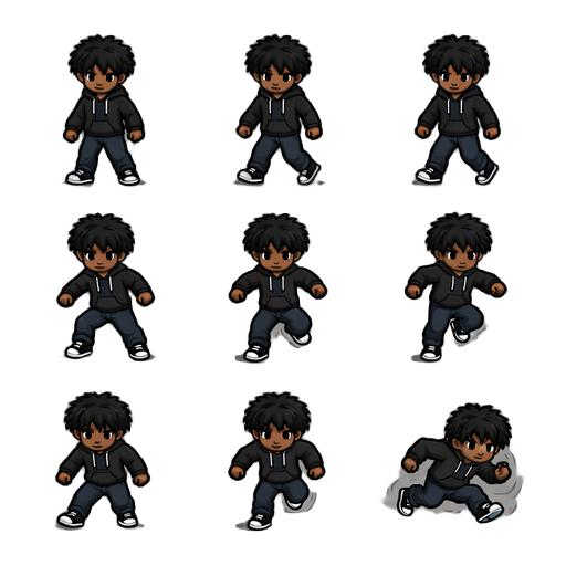 basic movement: - idle (4 frames) - walking (6 frames) - running (6 frames) - jump (4 frames: start, mid-air, fall, land) - crouch (2 frames) - roll/dodge (4 frames, fast movement close to ground)