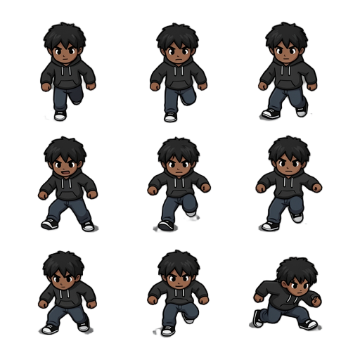 idle (4 frames) walk (6 frames) run (6 frames) jump (4 frames: start, air, fall, land) crouch (2 frames) roll / dodge (4 frames)