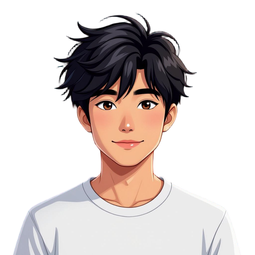 a handsome young asian male with messy medium-length black hair and bangs, deep dark eyes with subtle reddish eyeshadow, pale clear skin, a slight smile, wearing a plain white t-shirt. studio portrait, close-up, soft cinematic lighting, solid deep teal ba