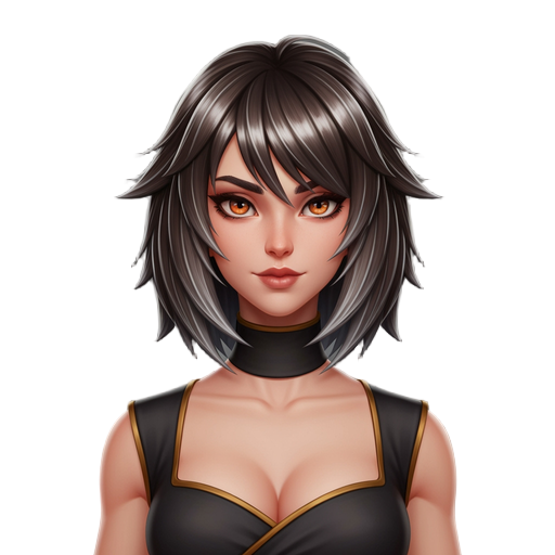 a fantasy girl character with a stylish wolfcut hairstyle, designed for a 2.5d game. she has medium-length layered hair with sharp, choppy ends, slightly messy, with soft bangs framing her face. hair color is dark ash brown with subtle silver highlights. 