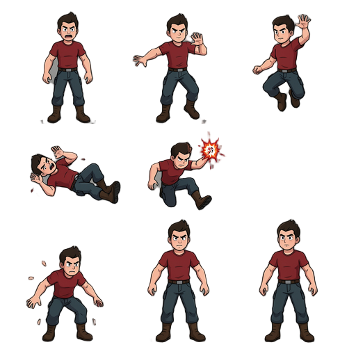 personagem com 7 animações: parado, atacando, pulando, caindo, tomando dano, morrendo, andando