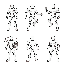 personagem robô homem branco inspirado em megamen, com 7 animações: parado, atacando, pulando, caindo, tomando dano, morrendo, andando