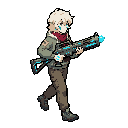 the character features messy white hair, pointed ears, heterochromatic eyes (one purple, one blue), and blue facial markings. he is in a dynamic walking pose to the right, holding a sleek and robust futuristic laser rifle with both hands. the rifle has cy