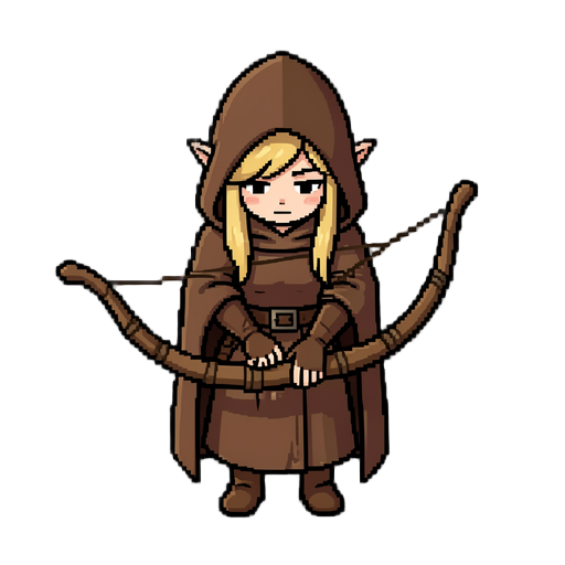 an elf archer girl with long blonde hair partially hidden under a hood, wearing a hooded cloak, holding a wooden bow in both hands, looking down, dark outline, pointed elf ears slightly visible from under the hood, simple shading, retro rpg game sprite st