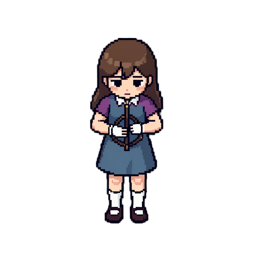 top-down view, girl holding a bow in her hands, looking down, dark outline, retro style, game sprite, simple shading, no background, clean pixels, 8-bit.