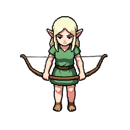 a female elf archer with pale blonde hair falling over her shoulders, holding a drawn bow pointed downward, eyes cast down, dark pixel outline, light skin tone, pointed ears, wearing simple green tunic, wooden bow with string, shadow under feet, transpare