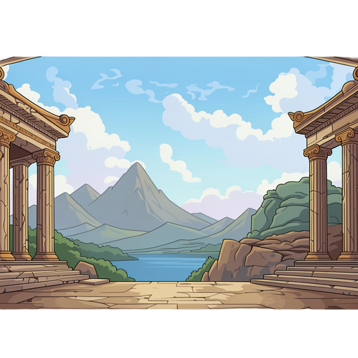 2d game background, ancient greece landscape, mountains, temples, blue sky, soft clouds, parallax background, side view platformer, stylized, consistent color palette