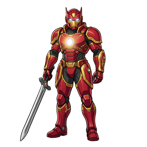 crie um sprite 2d vetorizado estilo game asset de um guerreiro futurista com armadura tecnológica inspirada em um cavaleiro sci-fi. o personagem usa uma armadura vermelha e dourada altamente detalhada, com um reator de energia brilhante no peito. ele segu
