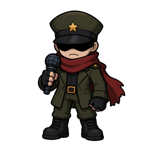 a character wearing a scarf and military cap, eyes hidden in black, microphone in hand, and a stern expression. 