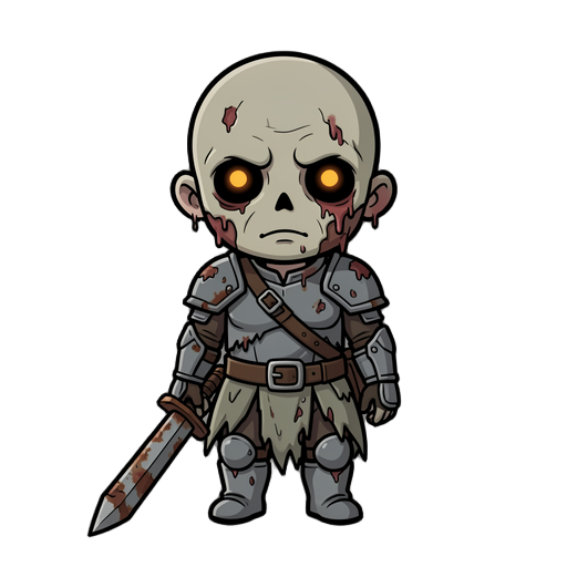 undead human soldier in tattered grey armor, hollow glowing eyes, rusted sword, decaying flesh, no helm  chibi character, super deformed proportions, big head small body, cute but dark, stylized 2d mobile game art, clean vector style, bold outline, simple