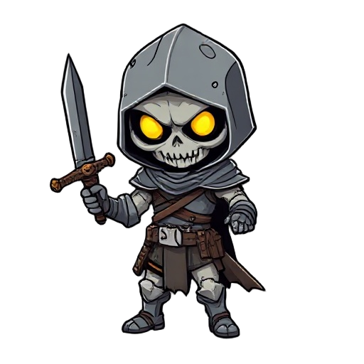 undead human soldier in tattered grey armor, hollow glowing eyes, rusted sword, decaying flesh, chibi character, super deformed proportions, big head small body, cute but dark, stylized 2d mobile game art, clean vector style, bold outline, simple shapes, 