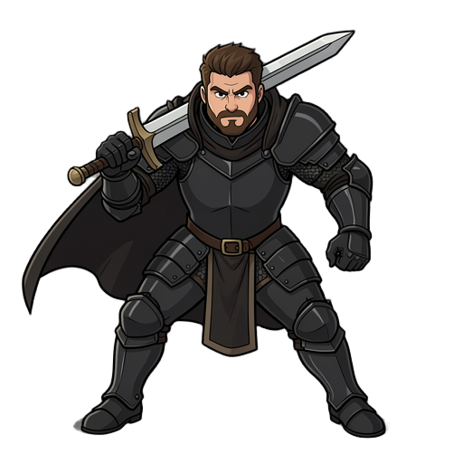 crie um cavaleiro medieval de armadura negra em posição de ataque, mantenha o rosto fiel a imagem base