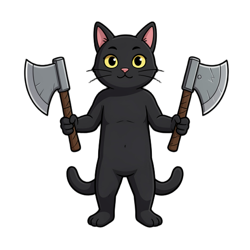 gato preto, com dois machados na mão