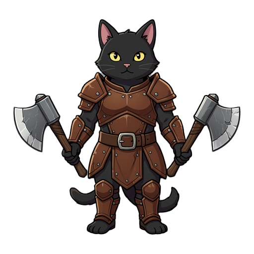 gato preto, vestindo armadura de couro, com dois machados na mão
