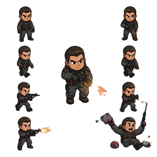 gere a animação do personagem da imagem que te mandei. quero animações como ficar parado, andar, atirar, morrer