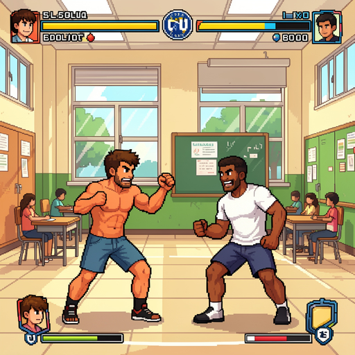 faça um cenário de jogo de luta em 2d, quero que o cenário seja dentro de uma escola estadual do brasil, extremamente bem pixelado