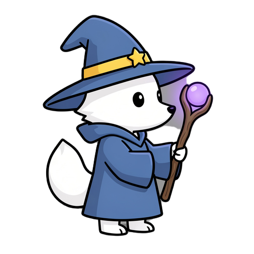 cute 2d white fox wizard character, side view facing right, chibi proportions, smooth clean lineart with thick outline, minimal detail, flat soft shading. wearing a blue wizard robe and large pointed hat with yellow band and small star. holding a wooden s