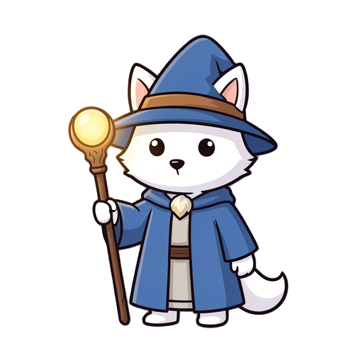 cute 2d white fox wizard, side view, simple cartoon style, blue robe and hat, holding staff with glowing orb, chibi proportions, clean lines, no background, transparent png.