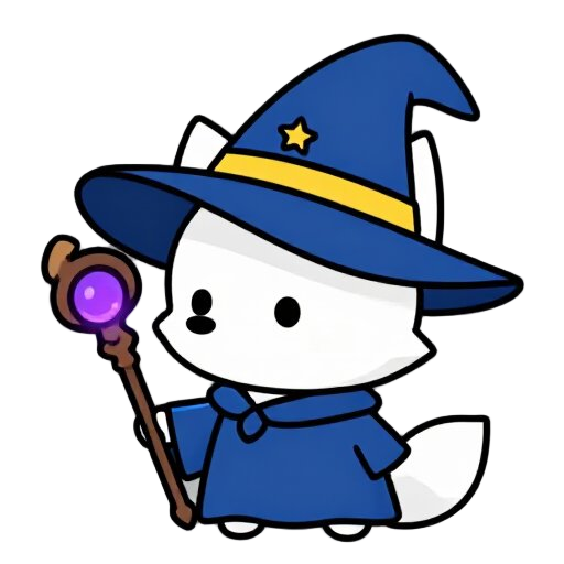 cute 2d white fox wizard character, side view facing right, chibi proportions, smooth clean lineart with thick outline, minimal detail, flat soft shading. wearing a blue wizard robe and large pointed hat with yellow band and small star. holding a wooden s