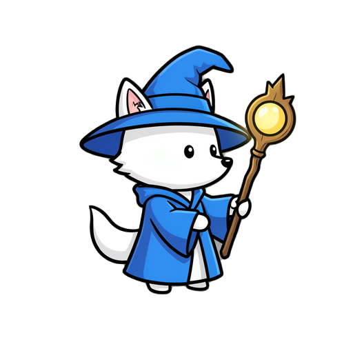 cute 2d white fox wizard, side view, simple cartoon style, blue robe and hat, holding staff with glowing orb, chibi proportions, clean lines, no background, transparent png.