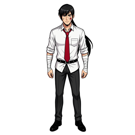 tall, protagonist-like man, scar on face, strong but thin, white dress shirt with rolled-up sleeves and shirt hem showing, red tie, black formal trousers, black formal shoes, and bandages on his forearms. asian man, black hair with bangs in the front and 