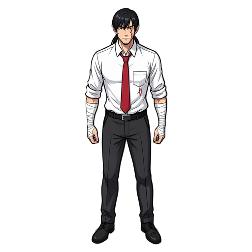 tall, protagonist-like man, scar on face, strong but thin, white dress shirt with rolled-up sleeves and shirt hem showing, red tie, black formal trousers, black formal shoes, and bandages on his forearms. asian man, black hair with bangs in the front and 