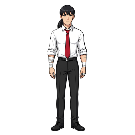 tall, protagonist-like man, strong but thin, white dress shirt with rolled-up sleeves and shirt hem showing, red tie, black formal trousers, black formal shoes, and bandages on his forearms. asian man, black hair with bangs in the front and a long ponytai
