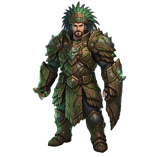 a paladin wearing sturdy armor made of forest materials such as wood, bark, vines, and stone. the armor is strong and magical, with natural textures and subtle glowing green details. the paladin stands in a mystical forest with cinematic lighting, highly 