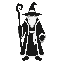 a black and white wizard with a pointed hat and gnarled staff seen from behind and facing slightly to the right