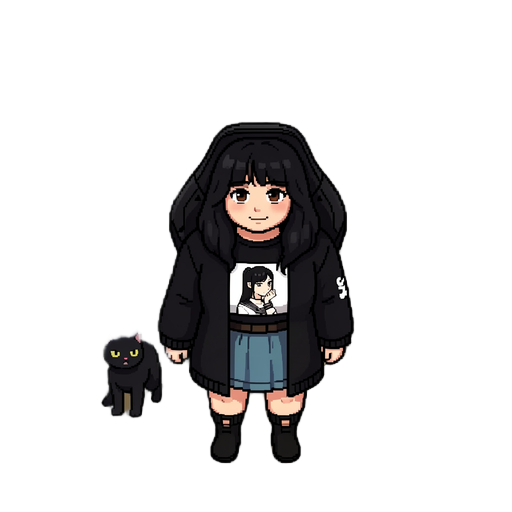 create a pixel ert version of this girl in a fantasy woods setting with a black cat 